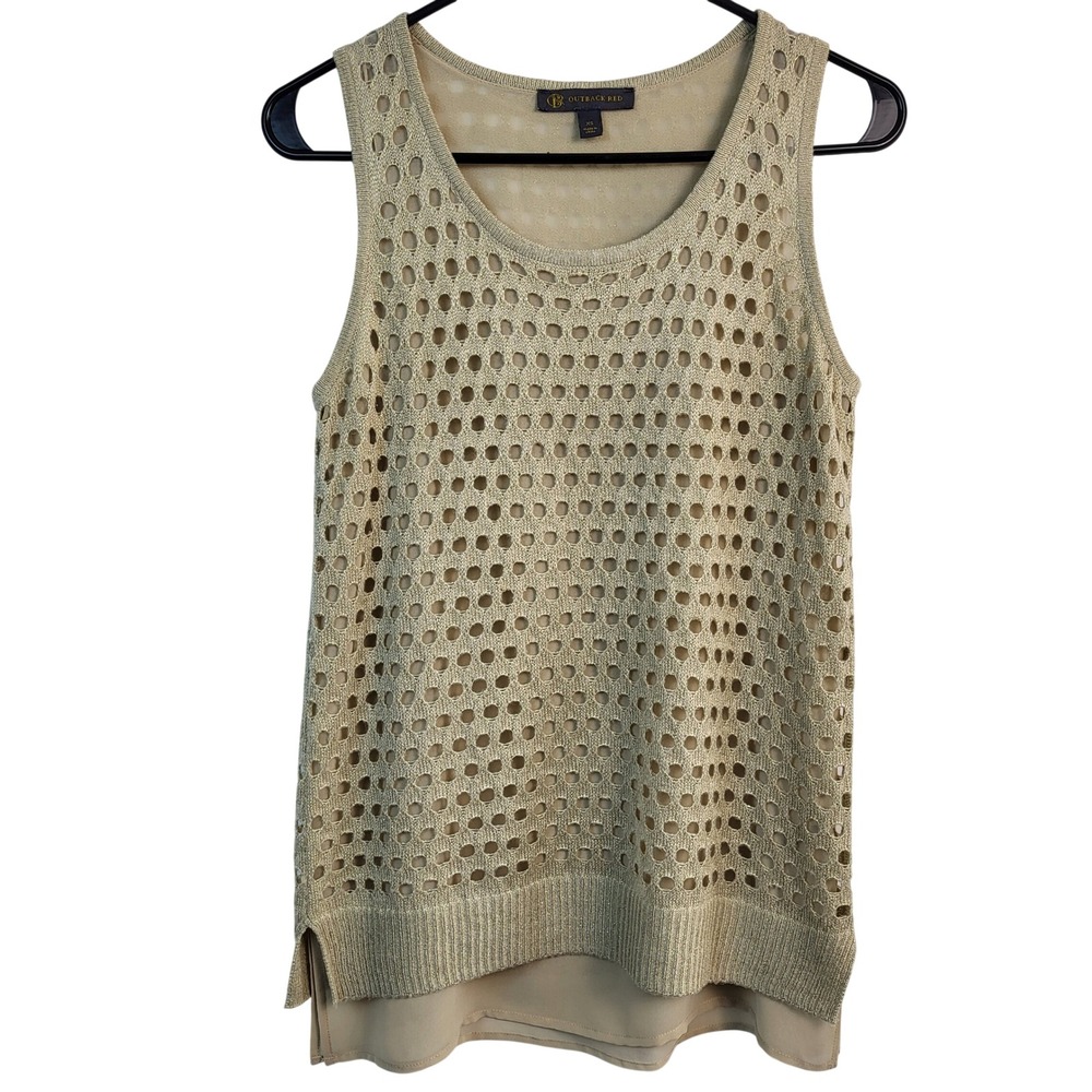 Women XS Crochet Knit Tank Top Beige Boho Layered Sheer Lightweight Festival Top